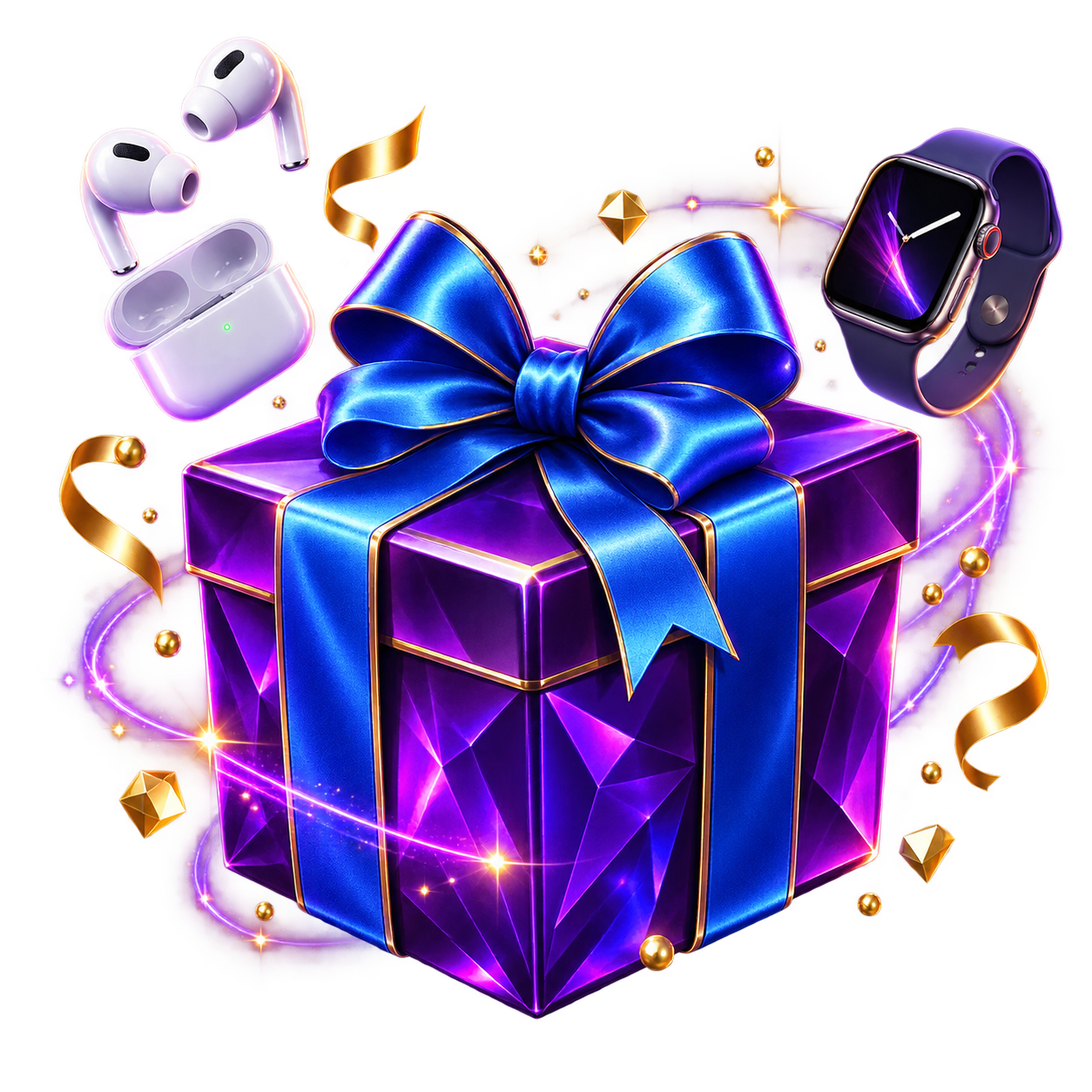 Purple SkillRush mystery box with electronics
